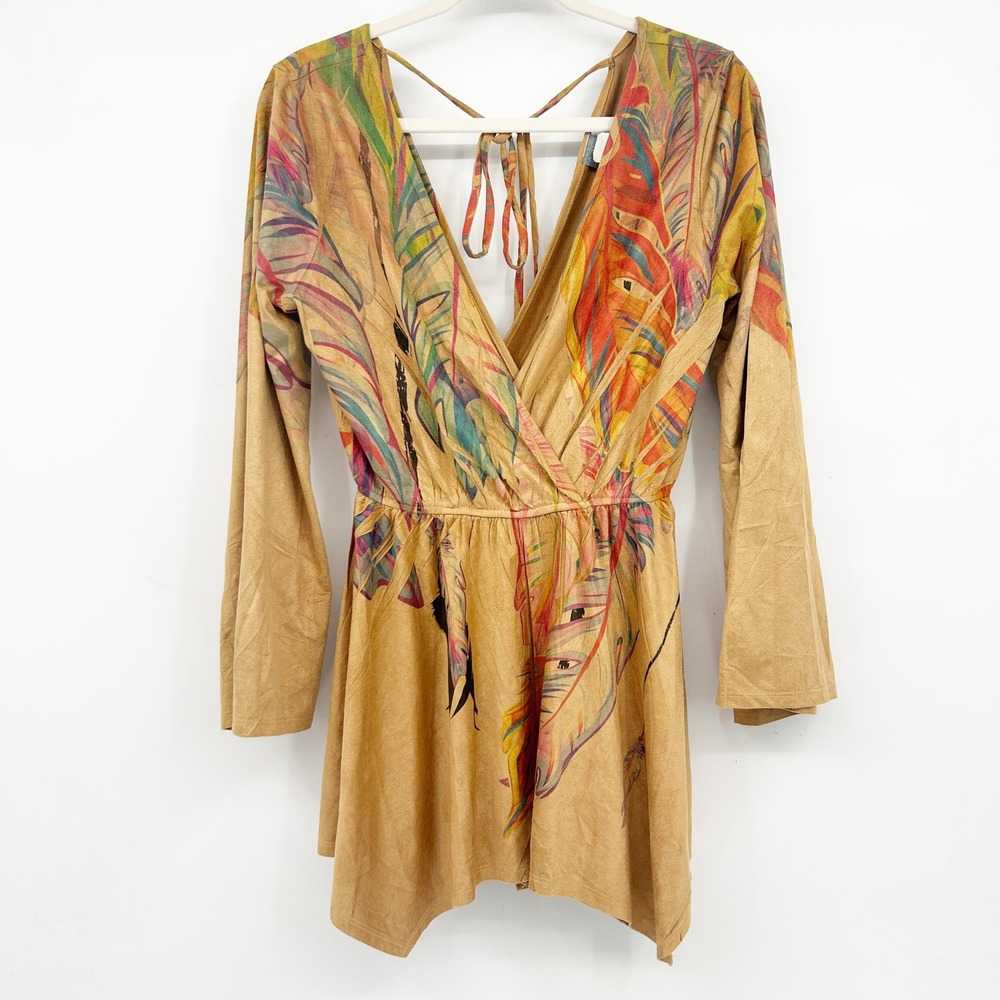 Vizio Womens Y2K Faux Suede Festival Southwestern Boho Feather Print Romper‎ M
